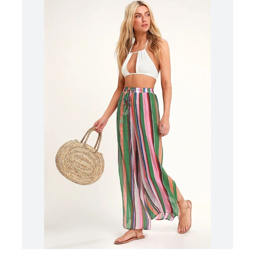 Lulus Eternal Vacation Green Multi Striped Swim Cover-Up Pants Size Medium